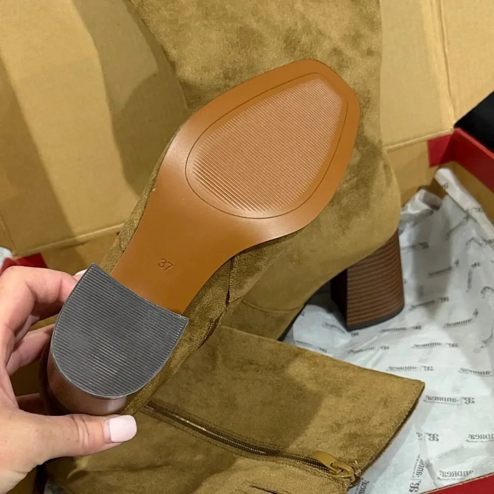 Zara Tan Over-the-Knee Suede-Look Boots with Stacked Block Heel